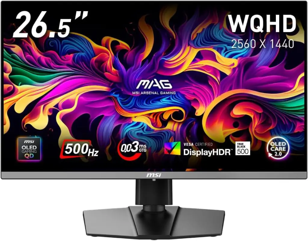 MSI QD-有機EL ゲーミングモニター MAG 272QP QD-OLED X50 26.5インチ/WQHD/QD-OLED/500Hz/0.03ms（GTG）/HDMI2.1/DP1.4a/DisplayHDR True Black 500/縦横回転・高さ調整/ピボット/AIビジョン/3年保証