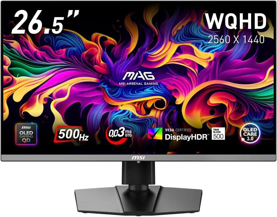 MSI QD-有機EL ゲーミングモニター MAG 272QP QD-OLED X50 26.5インチ/WQHD/QD-OLED/500Hz/0.03ms（GTG）/HDMI2.1/DP1.4a/DisplayHDR True Black 500/縦横回転・高さ調整/ピボット/AIビジョン/3年保証
