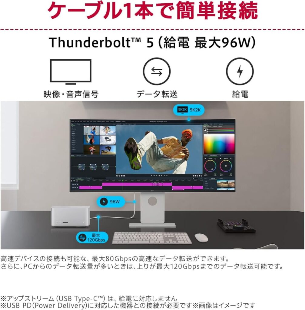LG ウルトラワイドモニター LG UltraFine™ Display 40U990A-W 39.7インチ/5120×2160(2500R曲面型)/120Hz/Nano IPS Black/DCI-P3 99%/DisplayHDR 600/Thunderbolt 5 (In/Out)対応モデル/PD 最大96W給電/HDMI×2/DisplayPort